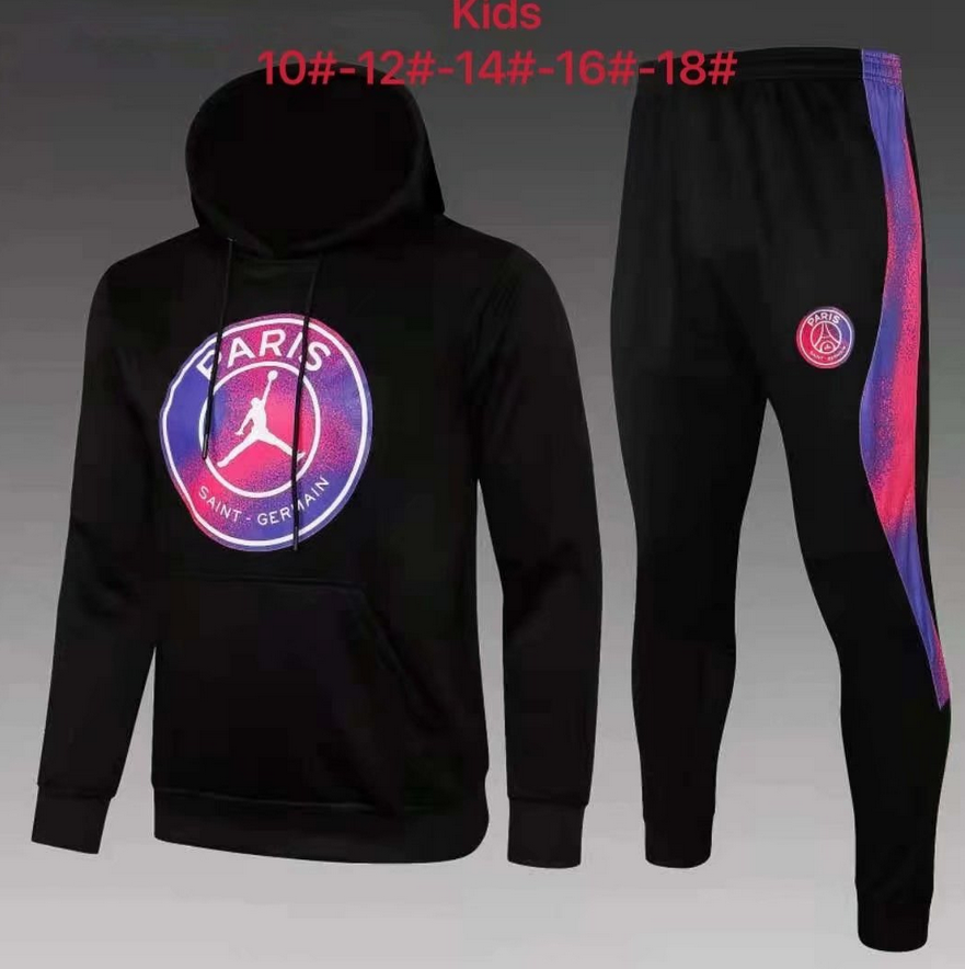 Kids 2021/22 PSG x Jordan Black Hoodie Sweatshirt and Pants Youth Training Suits